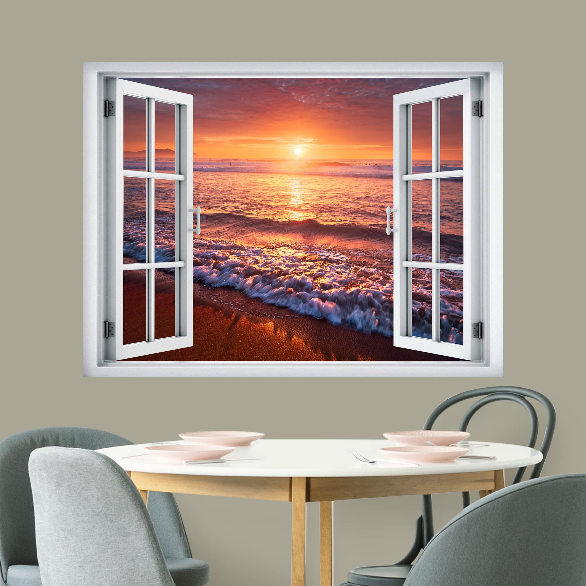 wall26 Removable Wall Sticker/Wall Mural Window View Vibrant Ocean Shore Seafoam Wave Sunset Nature Wilderness Photography Realism Landscape Multicolor for Living Room  Bedroom  Office - 36''x48''